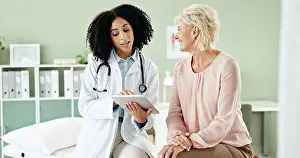 Doctors Prints: Woman, doctor and consulting patient with tablet in checkup for medical results