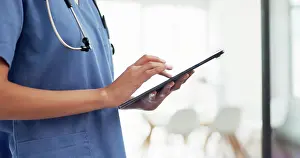 Doctors Prints: Woman, doctor and hands with tablet in research