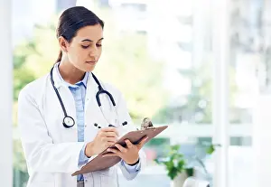 Personal Prints: Woman, doctor and writing with clipboard for medical study