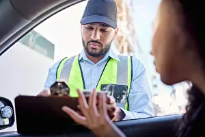 License Prints: Woman, driving and traffic officer with ticket by car for speeding