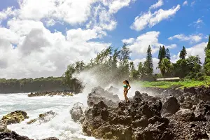 Seas Prints: Woman enjoying the oceanside on Maui, Hawaii, United States of America, North America