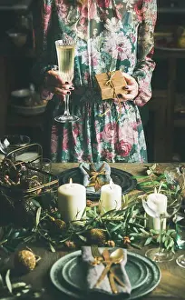 Festive Prints: Woman in festive dress holding glass of champaigne