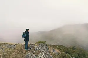 Out Door Prints: Woman hiking with your pet on a cloudy autumn day