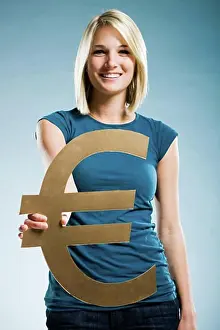 One Young Woman Only Prints: woman holding up a euro symbol