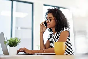 Call Prints: Woman, laptop and phone call in home office for startup