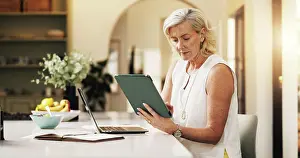 Editor Prints: Woman, laptop and reading with tablet for project draft