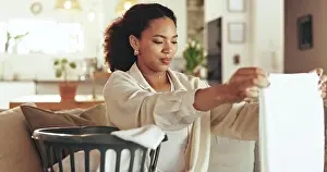 Cleaning Prints: Woman, laundry and fold clothes in basket with fresh linen