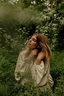Soft Focus Prints: Woman in linen dress and floral crown surrounded by flowers