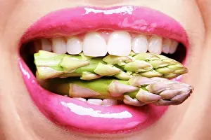 Vegetables Prints: Woman, lipstick and closeup of vegetables in mouth for beauty