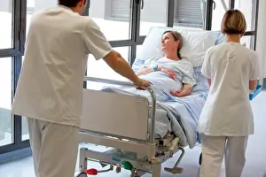 Emergencies Prints: Woman lying on a stretcher. Limoges hospital, France