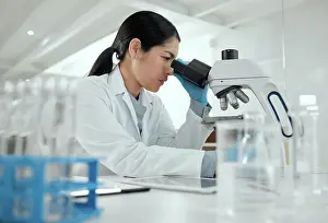 Smart Prints: Woman, microscope and research in lab for science