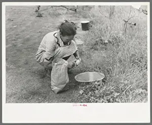 Woman of migrant family peeling potatoes near Henrietta