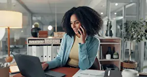 Call Prints: Woman, phone call and happy with laptop at startup with contact