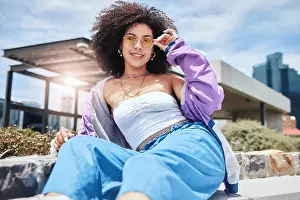 Curly Prints: Woman, portrait and cool in city for fashion