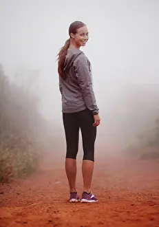 Runner Prints: Woman, portrait and hiking in forest with fog for exercise