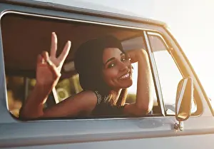 Getaway Prints: Woman, portrait and peace in van for travel