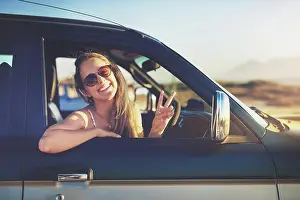 Road Trip Prints: Woman, portrait and road trip with peace sign for freedom