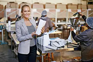 Logistics Prints: Woman, portrait and warehouse production or packaging coffee beans logistics for supply chain