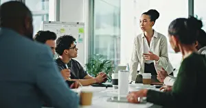 Paperwork Prints: Woman, presentation and group at office meeting