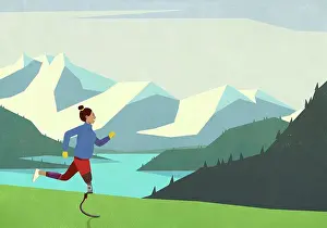 Disability Prints: Woman with prosthetic leg running in scenic mountains