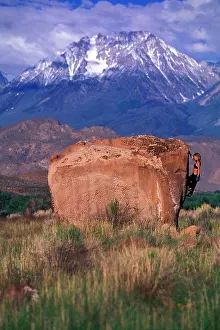 Strength Prints: Woman rock climbing - bouldering at The Happy Boulders near Bishop, California