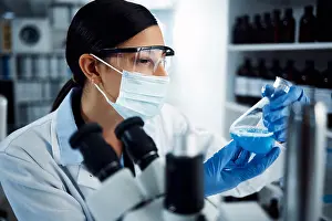 Analysis Prints: Woman, scientist and analysis of chemical liquid