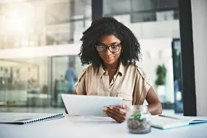 Schedule Prints: Woman, searching and tablet in office for business