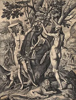 Bends Prints: A woman-serpent bends around the Tree of Knowledge as Adam and Eve reach into the branches