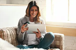 Network Prints: Woman, smile and tablet on sofa with credit card for internet banking