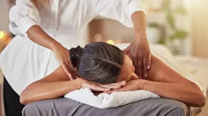 Skincare Prints: Woman at spa for massage with therapist and holistic treatment