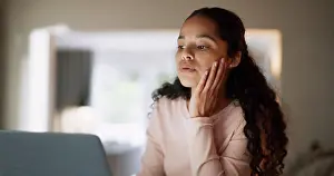 Problem Solving Prints: Woman, student and laptop in home for online course