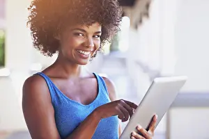Elearning Prints: Woman, tablet and portrait outdoor on internet