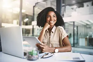 Schedule Prints: Woman, thinking and tablet in office for business
