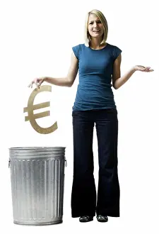 One Young Woman Only Prints: woman throwing euro symbol in the trash