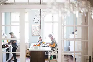Instruction Prints: Woman using laptop while sitting with girl studying at kitchen island