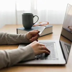 Place Of Work Prints: Woman working laptop from home