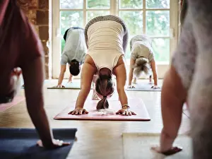 Stretch Prints: Woman, yoga and class in body stretching or pose for spiritual wellness