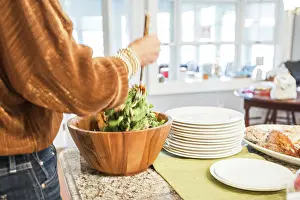 Salad Prints: Woman's Hands Mixing Salad in Bright Kitchen