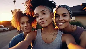 Diverse Prints: Womans pose for a photo selfie in front of a sunset. Generative AI