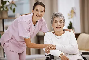 Disability Prints: Women, senior or wheelchair support in nursing home