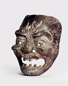 14th Century Prints: Wood Gigaku Mask, Kamakura Period (13th - 14th Century) Japanese Art Wood