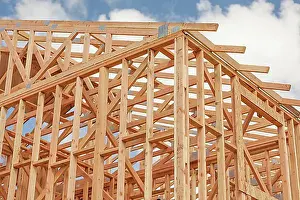 Projects Prints: Wood home framing abstract at construction site