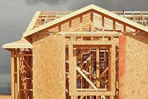 Projects Prints: Wood home framing abstract at construction site