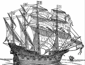 Navy Prints: Woodcut depicting a 16th Century Tudor naval ship or Carrack
