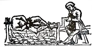 Ritual Prints: A woodcut engraving depicting the practice of Cannibalism: a man is cooking a human body on a spit