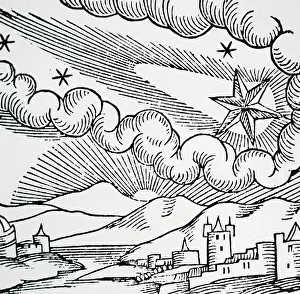 Fiery Prints: Woodcut print depicting a comet flying in the sky during the 3rd century