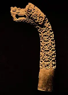 Carving Prints: Wooden post with carved animal head from the Oseberg grave (burial mound with stones shaped like a ship - ship grave)