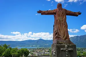 Chile Prints: Wooden statue of Christ, Mirador El Cristo, Pucon, Chile, South America
