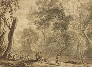 Brown Ink Prints: Woodland Landscape with Nymphs and Satyrs; Herman van Swanevelt (Dutch)