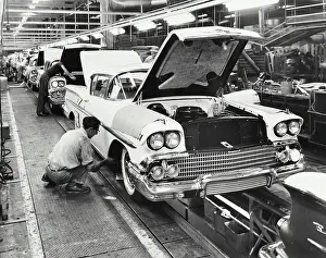 Manual Worker Prints: Workers working on assembly line of cars, Chevrolet Motor Division, Detroit, Michigan, USA
